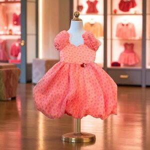 Pink Heart Patterned Puff Sleeve Dress **Includes Stunning Heart Brooch**Size 6T